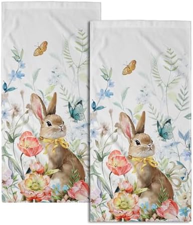Spring Rabbit Hand Towels Set of 2 Easter Bunny Holiday Kitchen Dish Towels Watercolor Floral Hotel Spa Gym Bathroom Towels Set Gift Seasonal Easter Bathroom Decor