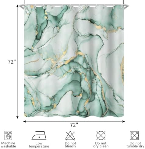 Mint Green Marble Shower Curtain Modern Abstract Luxury Gold Ink Texture Ombre Watercolor Bathroom Curtain Set with Hooks Soft and Lightweight Waterproof Fabric Machine Washable 72" Wx72 L