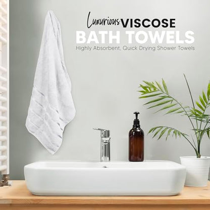 Luxury Towels for Bathroom Set of 8-2 Bath Towels 2 Hand Towels 4 Washcloths - 600 GSM 100% Cotton Ring Spun Viscose Border Towels Set - White