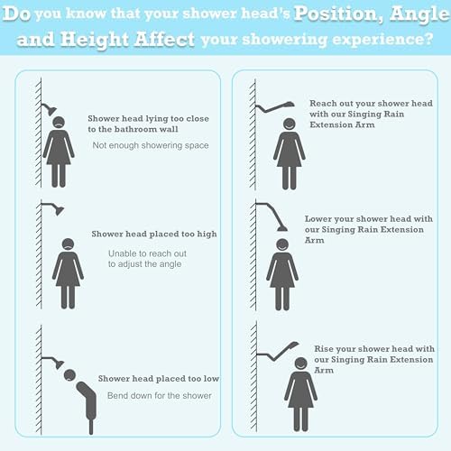 15 Inch Extra Long Adjustable Shower Head Extension Arm With Locking Set Screw, Singing Rain 304 Stainless Steel Chrome Angle Height Adjustable, G1/2 Universal Connector Compatible (Chrome Finish)