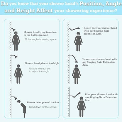 15 Inch Extra Long Adjustable Shower Head Extension Arm With Locking Set Screw, Singing Rain 304 Stainless Steel Chrome Angle Height Adjustable, G1/2 Universal Connector Compatible (Chrome Finish)