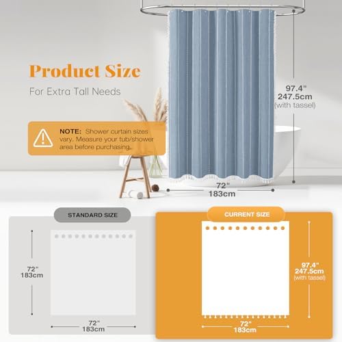 BTTN 72x96 Extra Long Boho Linen Heavy Duty Cloth Shower Curtain Set, Blue