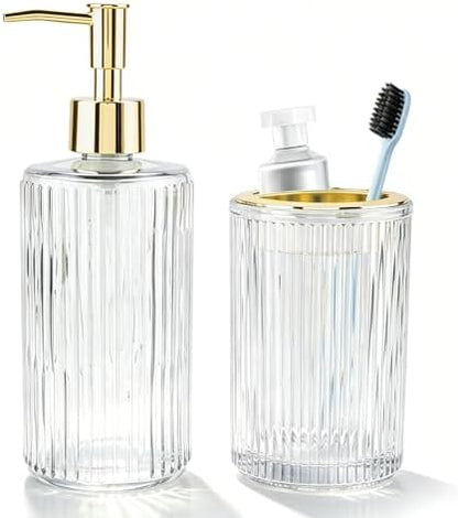 Clear Glass Bathroom Accessories Set, Soap Dispenser and Toothbrush Holder