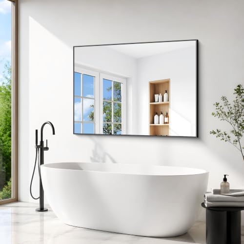 BONEWEI Bathroom Mirror,55x40 inch Large Wall Mirror for Bathroom Wall Mounted Black Rectangle Corner Mirrors,Black Bathroom Mirror for Living Room,Farmhouse,Bedroom Entryway,Horizontal/Vertical