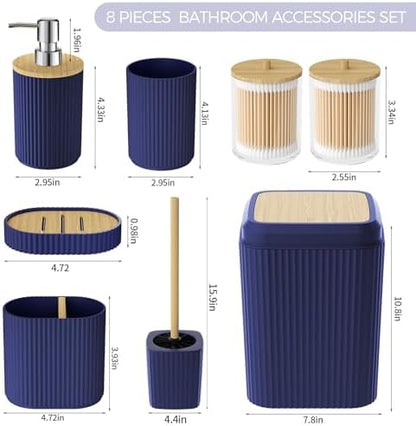 Bathroom Accessories Set - Unbreakable Navy Blue Bathroom Set, Trash Can, Toilet Brush with Holder, Soap Dispenser, Toothbrush and Toothpaste Holder, Tumbler Cup, Soap Dish, Qtip Holder, Bamboo Decor