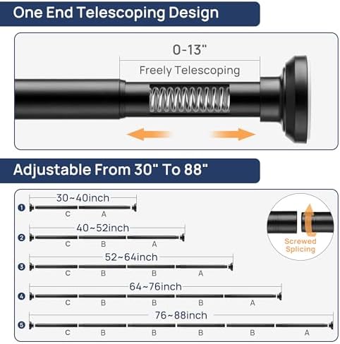 ENJOYBASICS 1" Black Shower Curtain Rod, 30-88" Adjustable, Secure Tension