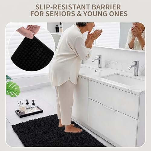 Bathroom Rugs Non Slip Washable 70x24, Extra Thick Soft Chenille Absorbent Bath Mat, High Density Barrier Non Slip Backing, Quick Dry Plush Shaggy Floor Carpet for Tub&Shower, Black