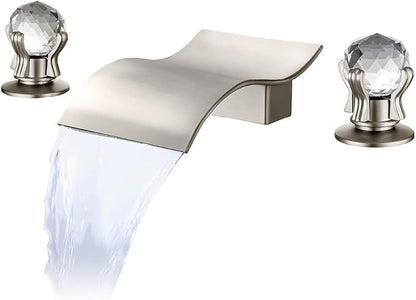 Widespread Bathroom Sink Faucet with Crystal Knob 3 Hole Waterfall Vanity Faucet 8 Inch Crystal Bathroom Faucets Deck Mount Basin Mixer Tap with Hose, Brushed Nickel