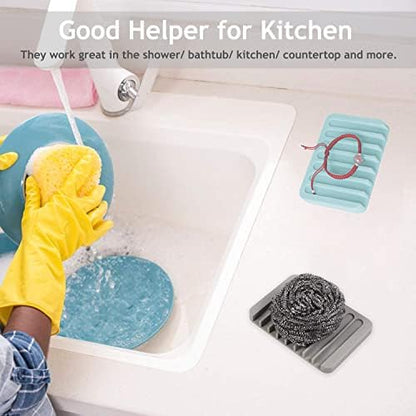 4PCS Premium Silicone Self-Draining Soap Holders, Waterfall Drainer Soap Savers for Bathroom, Kitchen & Bath Tub - Extends Soap Life, Easy Clean (White & Teal)