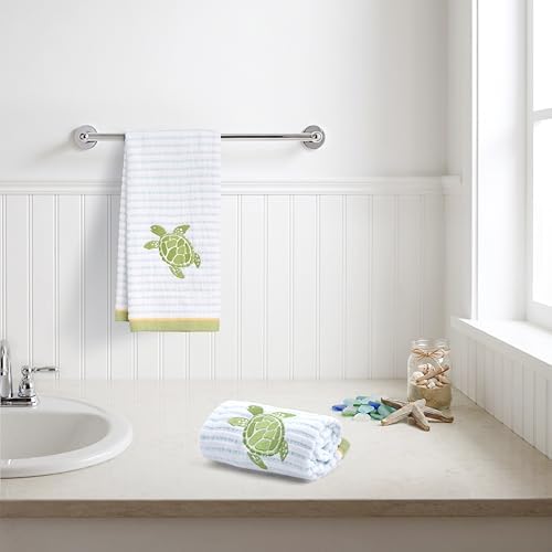 Ritz 2-Piece Cotton Velour Bathroom Hand Towel Set, Embroidered Sea Turtle Design, Soft Pinstripe Coastal Bathroom Towels for Beach House, Lake Home, or Spa Decor, 16 in x 26 in