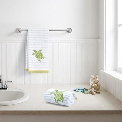 Ritz 2-Piece Cotton Velour Bathroom Hand Towel Set, Embroidered Sea Turtle Design, Soft Pinstripe Coastal Bathroom Towels for Beach House, Lake Home, or Spa Decor, 16 in x 26 in