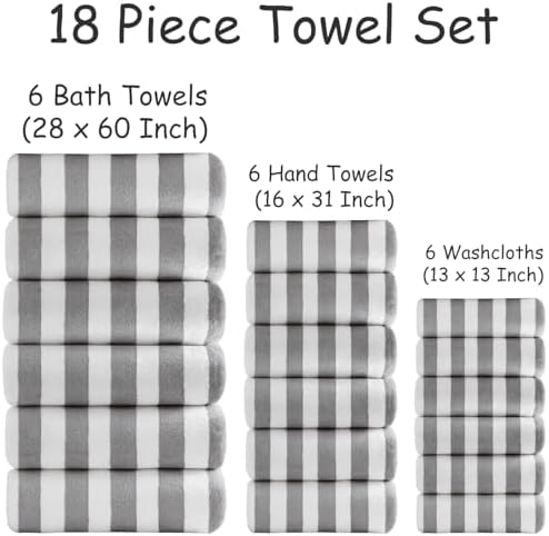 18 Pcs Light Gray Stripe Bath Towel Set with Hanging Loop-6 Bath Towels,6 Hand Towels,6 Washcloths Soft Family Towels Set Bathroom Towel Highly Absorbent Quick Dry Shower Towel for Beach Spa Gym Hotel