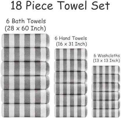 18 Pcs Light Gray Stripe Bath Towel Set with Hanging Loop-6 Bath Towels,6 Hand Towels,6 Washcloths Soft Family Towels Set Bathroom Towel Highly Absorbent Quick Dry Shower Towel for Beach Spa Gym Hotel