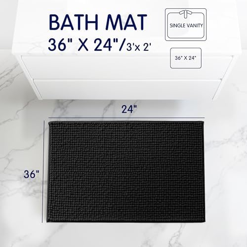 SUBRTEX Bathroom Rugs, 24" x 36" Chenille Bath Rug Soft Short Plush Bath Mat Soft Shower Mat Water Absorbent Shower Mat Quick Dry Machine Washable, Black