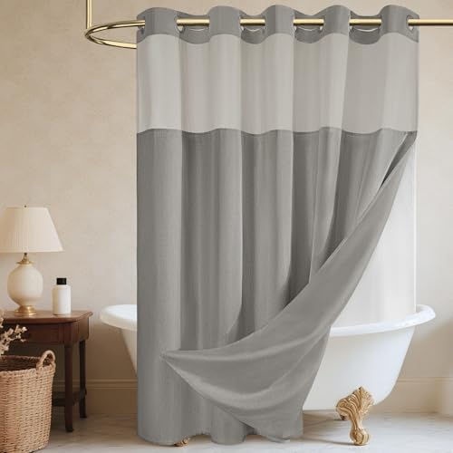 WONICY No Hook Shower Curtain with Snap-in Liner, Grey, 71 x 77 Inch