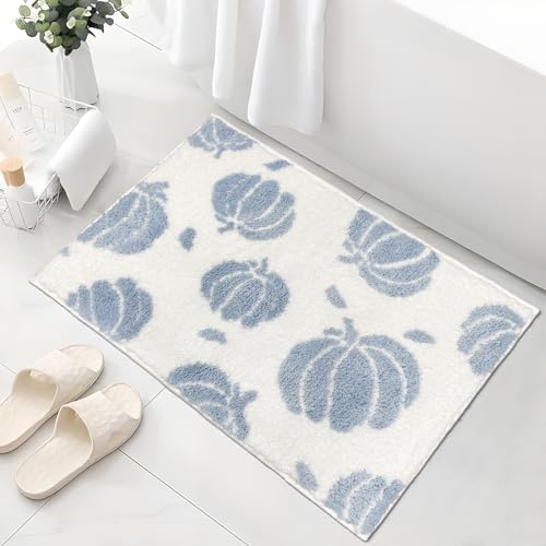 APROPHIC Blue Pumpkin Bath Mats, Fall Bathroom Decor, Non-Slip Microfiber Bath Rugs, Autumn Thanksgving Bathroom Rug for Shower, Tub, Sink, Decor, Machine Washable, 20x30 inch