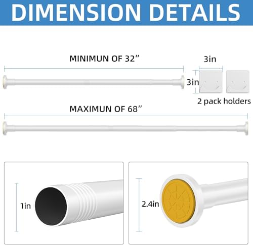 CorkLatta White Shower Curtain Rod,1 Inch Diameter Stainless Steel Adjustable Spring Tension Rods 32 to 68",with Holders,Anti-Slip,Curtain Rods No Drilling(1 Pack)