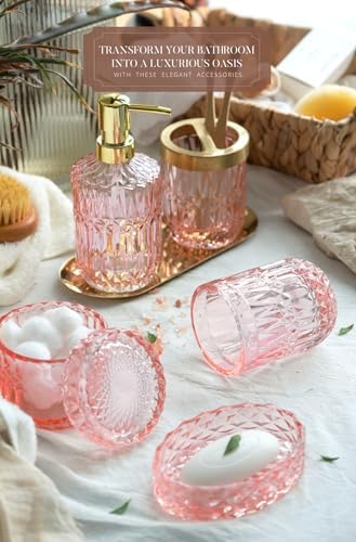 EMPO 6PCS Bathroom Clear Glass Accessories Set (Lotion Soap Dispenser, Soap Dish, Toothbrush Holder, Tumbler, Cotton Swab Jar), Contemporary Modern Decor Crystal Vintage Gift (6pcs Light Pink)