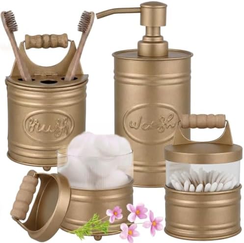 Autumn Alley Antique Gold Bathroom Accessories Set 4 - Farmhouse Soap Dispenser, Toothbrush Holder, 2 Apothecary Jars Qtip Holder - Gold Bathroom Decor – Rustic Farmhouse Bathroom Accessories