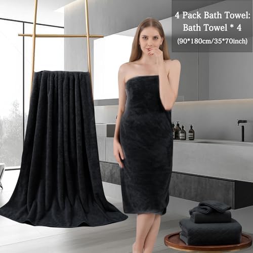 Ycosy Black Bath Towels Set 35x70 Inches - Luxury 600 GSM Oversized Bath Sheet Towel,Extra Large Microfiber - Quick Dry,Highly Absorbent,Super Soft Shower Towels Spa Hotel Bathroom Towel Set (4-Pack)