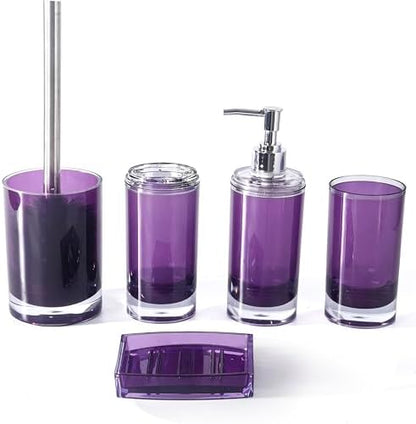 5 Pcs Purple Acrylic Bathroom Accessories Set Complete,Lotion/Soap Dispenser,Soap Dish,Toothbrush Holder, Tumbler,Toilet Brush and Holder,Modern Bathroom Decor and Housewarming Gift Set (Dark Purple)
