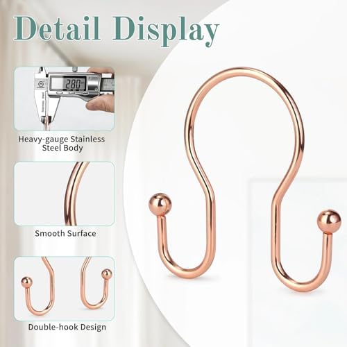 Goowin Shower Curtain Hooks, 12 Pcs Shower Curtain Rings, Stainless Steel Shower Curtain Hangers, Metal Shower Curtain Hooks Rings Rust Proof, Minimalist Shower Hooks for Shower Curtain, Rose Gold