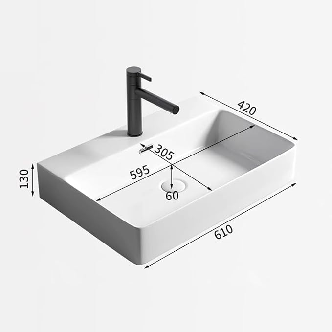 24" White Rectangular Ceramic Vessel Sink Bath Wall Mount/Above Counter | KINGWONG High-temp porcelain resists stains & thermal shock. Overflow hole. Easy Clean Glossy Finish for Master Bathroom