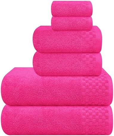 MyOwn Premium Cotton 6 Pack Towel Set for Bathroom, Contains 2 Bath Towels 28x55 inch, 2 Hand Towels 16x24 inch & 2 Wash Coths 12x12 inch, Ideal Everyday use, Compact & Lightweight - Hot Pink
