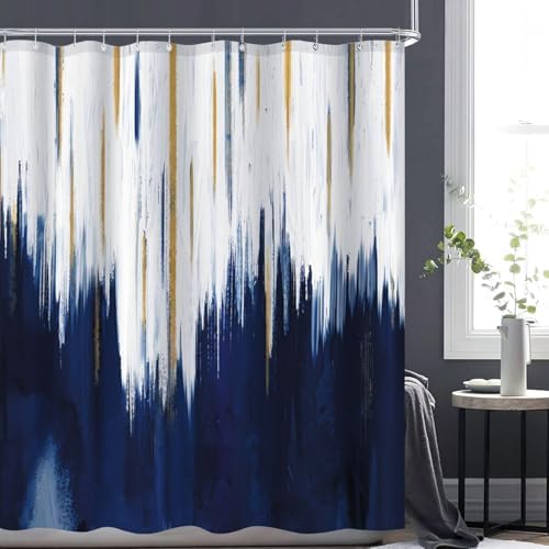 NBVKO 4PCS Navy Blue Oil Painting Style Shower Curtain Set with Non-Slip Rugs,Toilet Lid Cover and Bath Mat,Bathroom Decor Accessory Set