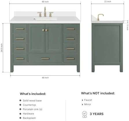 Ariel Cambridge 49 Inch Single Rectangle Sink Vanity With White Quartz Countertop In Vintage Sage Green