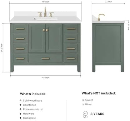 Ariel Cambridge 49 Inch Single Rectangle Sink Vanity With White Quartz Countertop In Vintage Sage Green
