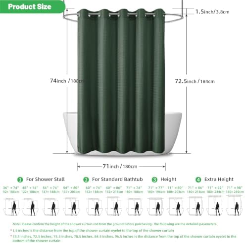 No Hook Waffle Shower Curtain, No Liner Needed, 71x74 Inch, Velvet Green