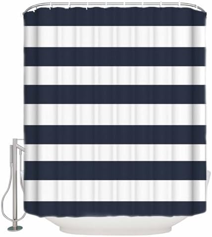 Shower Curtain Bathroom Set Navy Blue and White Stripe Waterproof Shower Curtains with Grommets Hooks Classic Texture Privacy Bath Curtain for Bathtub Decor 60x72in