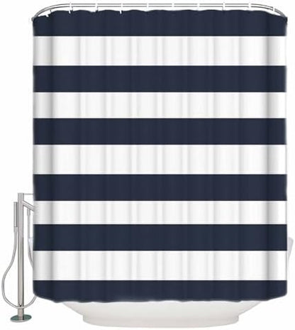Shower Curtain Bathroom Set Navy Blue and White Stripe Waterproof Shower Curtains with Grommets Hooks Classic Texture Privacy Bath Curtain for Bathtub Decor 60x72in