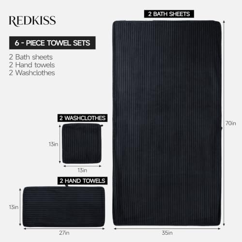 REDKISS Black Bath Towels Set 6 Piece - Microfiber Bathroom Towels of 6 Large, Highly Absorbent Bath Towel, Soft Shower Towel for Bathroom, Hotel 2 Bath Sheet 2 Hand Towel 2 Washcloths
