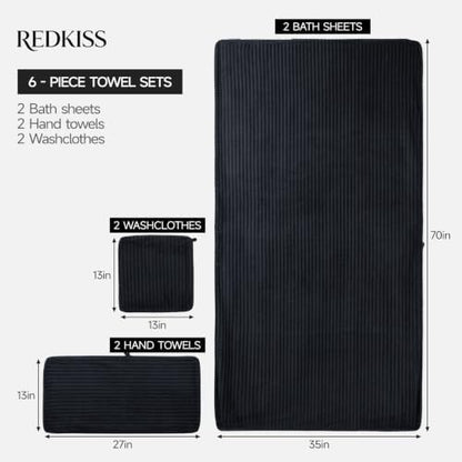 REDKISS Black Bath Towels Set 6 Piece - Microfiber Bathroom Towels of 6 Large, Highly Absorbent Bath Towel, Soft Shower Towel for Bathroom, Hotel 2 Bath Sheet 2 Hand Towel 2 Washcloths