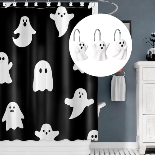Sunlit Ghost Shower Curtain Hooks, Home Decorative Shower Curtain Rings with Sliver Hooks for Bathroom, Halloween Shower Curtain Hangers Bathroom Accessories, Set of 12