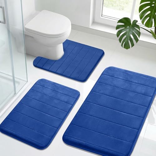 Neween Bathroom Rugs Set 3 Piece, Absorbent Memory Foam Bath Mat, Blue