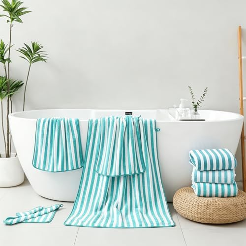 8 Pcs Turquoise Cabana Stripe Large Bath Towel Set-2 Bathroom Towels,2 Hand Towels,4 Washcloths Lightweight Soft Microfiber Bath Sheet Absorbent Shower Towel Quick Dry Beach Chair Spa Gym Hotel Towels