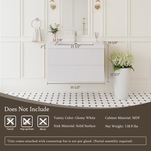 KEIKI 36'' Wall-Mounted Bathroom Vanity with Sink - Floating Design, 2 Soft-Close Drawers & Resin Basin, Space-Saving for Small Bathrooms, Glossy White