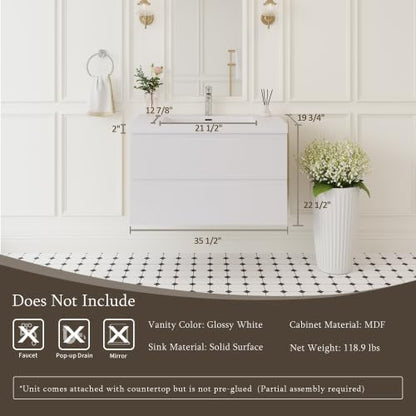 KEIKI 36'' Wall-Mounted Bathroom Vanity with Sink - Floating Design, 2 Soft-Close Drawers & Resin Basin, Space-Saving for Small Bathrooms, Glossy White