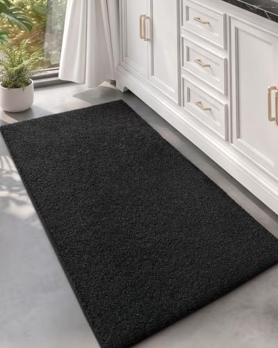 Color&Geometry Bathroom Runner Non Slip, 24"x43" Black Bath Runner Rug, Absorbent, Soft, Washable, Microfiber Bath Mat Bathroom Carpet