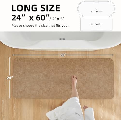 TYUU Thin Bath Mat Runner, Long Bathroom Rugs Non Slip, 24x60 Camel
