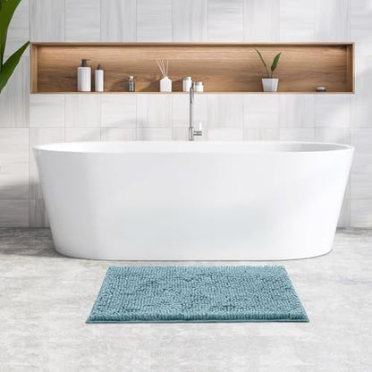 FRESHMINT Chenille Bathroom Rugs Mat 32"x20", Non-Slip Bath Mat for Bathroom Floor & Bathtub, Washable Shower Shag Bath Rugs, Soft Fluffy Thick Water Absorbent Microfiber Shower Mat, Aqua & White