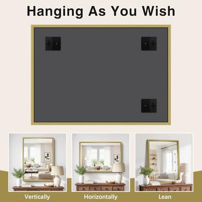 Bathroom Mirror, 30 x 42 inch Natural Wood Grain Colored Aluminum Metal Frame Bathroom Vanity Mirror, Rectangle Wall Mirror for Bedroom Living Room, Tempered Glass, Horizontal or Vertical
