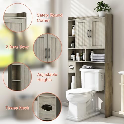 Vabches Farmhouse Over The Toilet Storage Cabinet with Barn Door, Gray Oak