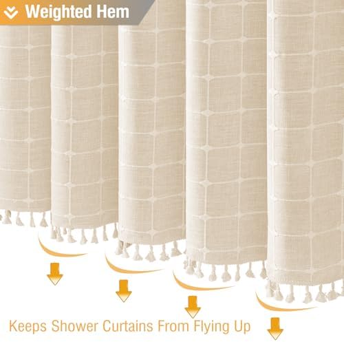 BTTN Extra Long Boho Farmhouse Linen Shower Curtain Set, 72x96, Cream/Beige