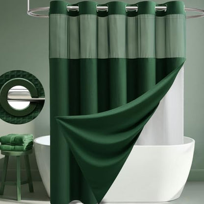 Dynamene Dark Green Hook Free Waffle Shower Curtain & Snap-in Liner,72x81