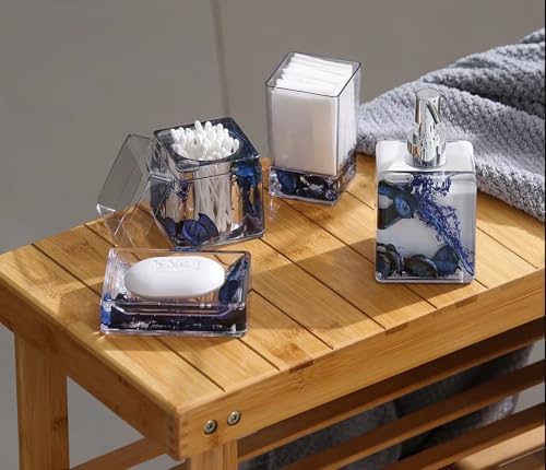 Blue Clear Bathroom Accessories Set,4PCS Flower Acrylic Bathroom Accessory Sets Complete, Lotion Soap Dispenser, Tumbler, Qtip Holder, Soap Dish, Modern Bathroom Décor Set, Gift for Home