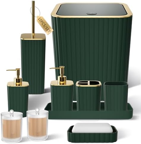 XLHOMO Bathroom Accessories Set - Gorgeous Green Bathroom Set, 10PC Green Bathroom Accessory Set, Bathroom Sets with Toilet Brush, Bathroom Trash Can